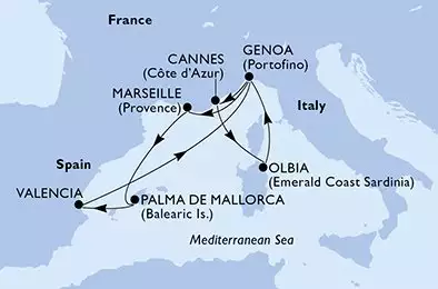 Marseille,Palma de Mallorca,Valencia,Genoa,Cannes,Olbia,Genoa,Marseille