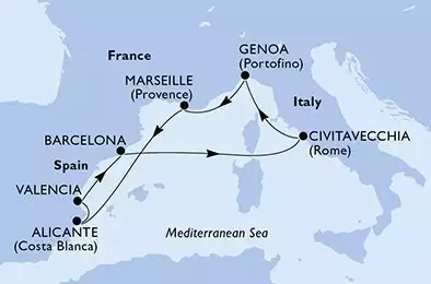 MSC MAGNIFICA - trasa 8 nocy podróż z: Marseille, France w dniu 29/12/2025 - Marseille,Alicante,Valencia,Barcelona,Civitavecchia,Genoa,Marseille
