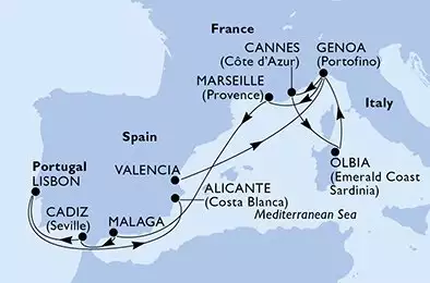 Valencia,Genoa,Cannes,Olbia,Genoa,Marseille,Malaga,Cadiz,Lisbon,Alicante