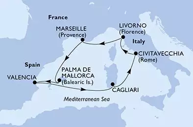 Marseille,Palma de Mallorca,Valencia,Cagliari,Civitavecchia,Livorno,Marseille