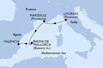 MSC LIRICA - trasa 3 nocy podróż z: Livorno (Florence) Italy w dniu 29/01/2025 - Livorno,Marseille,Palma de Mallorca,Valencia