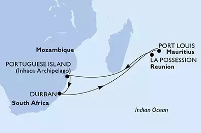 MSC MUSICA - trasa 12 nocy podróż z: Durban, South Africa w dniu 29/12/2024 - Durban,Port Louis,La Possession,Portuguese Island,Durban
