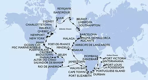 MSC POESIA - trasa 112 nocy podróż z: Barcelona, Spain w dniu 07/01/2024 - Spain,Cape Verde,Senegal,Namibia,South Africa,Tanzania,Kenya,Seychelles,Madagascar,Mauritius,Reunion,Mozambique,St. Helena,Brazil,Barbados,Saint Lucia,Martinique,Dominican Republic,Bahamas,United States,Canada,Greenland,Iceland,United Kingdom