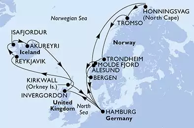 MSC PREZIOSA - trasa 22 nocy podróż z: Hamburg,Germany w dniu 07/05/2025 - Hamburg,Alesund,Honningsvag,Honningsvag,Tromso,Trondheim,Molde Fjord,Bergen,Hamburg,Invergordon,Reykjavik,Reykjavik,Isafjordur,Akureyri,Kirkwall,Hamburg