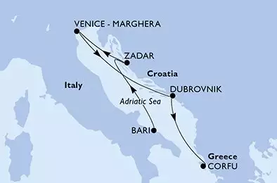 MSC OPERA - trasa 7 nocy podróż z: Bari, Italy w dniu 11/04/2025 - Italy,Croatia,Greece,Montenegro