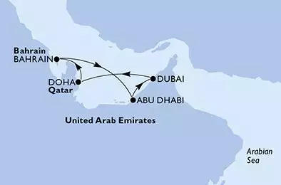 MSC EURIBIA - trasa 7 nocy podróż z: Dubai,U.Arab Emirates w dniu 30/11/2024 - United Arab Emirates,Qatar,Bahrain
