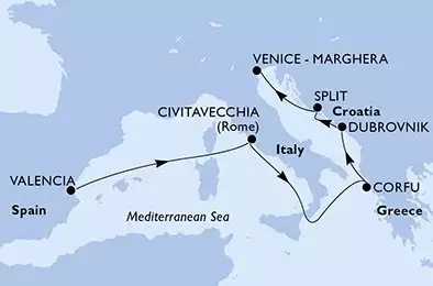 MSC LIRICA - trasa 7 nocy podróż z: Valencia Spain w dniu 05/04/2025 - Valencia,Civitavecchia,Corfu,Dubrovnik,Split,Venice-Marghera