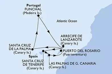 MSC OPERA - trasa 7 nocy podróż z: Santa Cruz de Tenerife, Spain w dniu 10/11/2024 - Santa Cruz de Tenerife,Las Palmas de G.Canaria,Puerto del Rosario,Santa Cruz de La Palma,Funchal,Arrecife de Lanzarote,Santa Cruz de Tenerife