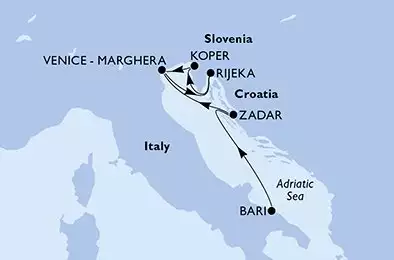 MSC OPERA - trasa 5 nocy podróż z: Bari, Italy w dniu 01/04/2025 - Bari,Zadar,Venice-Marghera,Rijeka,Koper,Venice-Marghera