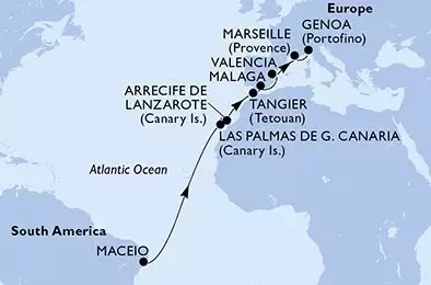 Maceio,Las Palmas de G.Canaria,Arrecife de Lanzarote,Tangier,Malaga,Valencia,Marseille,Genoa