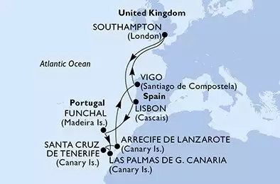MSC VIRTUOSA - trasa 12 nocy podróż z: Southampton,United Kingdom w dniu 20/04/2026 - Southampton,Lisbon,Funchal,Las Palmas de G.Canaria,Santa Cruz de Tenerife,Arrecife de Lanzarote,Vigo,Southampton