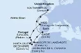 Southampton,Vigo,Funchal,Las Palmas de G.Canaria,Santa Cruz de Tenerife,Arrecife de Lanzarote,Cadiz,Southampton