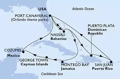 MSC SEASHORE - trasa 14 nocy podróż z: Port Canaveral, United States w dniu 28/04/2024 - United States,Bahamas,Dominican Republic,Puerto Rico,Jamaica,Cayman Islands,Mexico