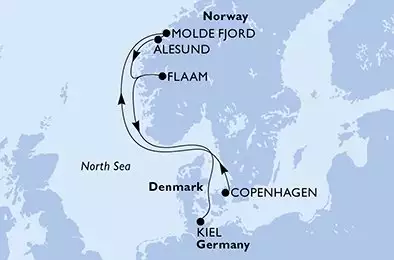 Copenhagen,Molde Fjord,Alesund,Flaam,Kiel