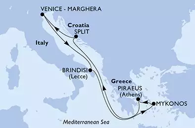 MSC SINFONIA - trasa 7 nocy podróż z: Venice-Marghera, Italy w dniu 07/07/2024 - Italy,Greece,Croatia