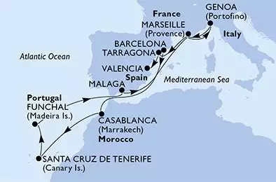 Barcelona,Casablanca,Santa Cruz de Tenerife,Funchal,Malaga,Marseille,Genoa,Marseille,Tarragona,Valencia