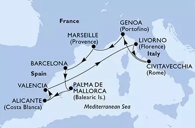 Marseille,Barcelona,Palma de Mallorca,Alicante,Valencia,Livorno,Civitavecchia,Genoa,Marseille