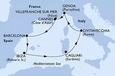Cannes,Barcelona,Ibiza,Cagliari,Civitavecchia,Genoa,Villefranche sur Mer