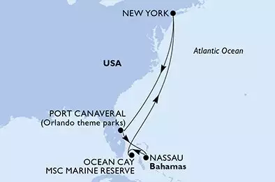 MSC MERAVIGLIA - trasa 7 nocy podróż z: New York United States w dniu 07/12/2025 - New York,Port Canaveral,Nassau,Ocean Cay,New York