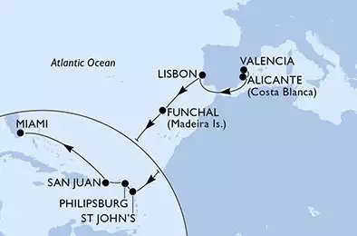 MSC DIVINA - trasa 16 nocy podróż z: Valencia Spain w dniu 21/10/2025 - Valencia,Alicante,Lisbon,Funchal,St John s,Philipsburg,San Juan,Miami