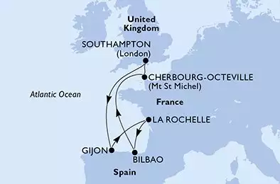 MSC VIRTUOSA - trasa 7 nocy podróż z: SouthamptonUnited Kingdom w dniu 06/09/2025 - United Kingdom,Spain,France