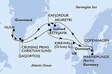 MSC POESIA - trasa 21 nocy podróż z: WarnemundeGermany w dniu 30/06/2024 - Germany,Iceland,Greenland,United Kingdom,Denmark