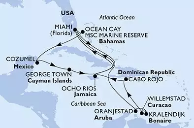 MSC DIVINA - trasa 17 nocy podróż z: Miami United States w dniu 20/11/2025 - Miami,Oranjestad,Kralendijk,Willemstad,Cabo Rojo,Ocho Rios,Miami,Ocean Cay,Cozumel,George Town,Ocho Rios,Miami