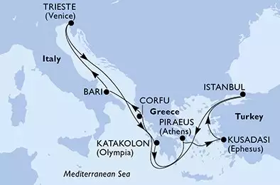 MSC FANTASIA - trasa 9 nocy podróż z: Istanbul Turkey w dniu 07/05/2025 - Istanbul,Corfu,Bari,Trieste,Katakolon,Piraeus,Kusadasi,Istanbul