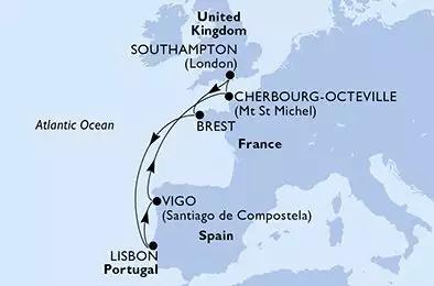 MSC VIRTUOSA - trasa 7 nocy podróż z: SouthamptonUnited Kingdom w dniu 27/06/2026 - United Kingdom,France,Portugal,Spain