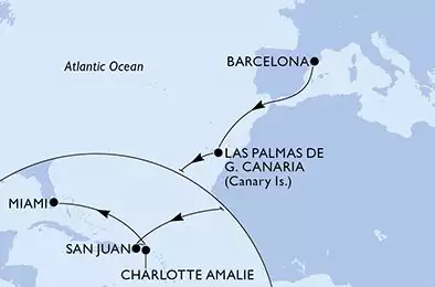 MSC GRANDIOSA - trasa 14 nocy podróż z: Barcelona Spain w dniu 21/11/2025 - Spain,Puerto Rico,Virgin Islands (U.S.),United States