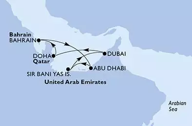 MSC EURIBIA - trasa 7 nocy podróż z: DubaiU.Arab Emirates w dniu 08/11/2025 - Dubai,Doha,Bahrain,Abu Dhabi,Sir Bani Yas,Dubai