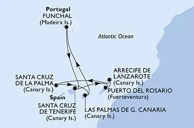 MSC MUSICA - trasa 7 nocy podróż z: Santa Cruz de Tenerife Spain w dniu 21/12/2025 - Santa Cruz de Tenerife,Arrecife de Lanzarote,Puerto del Rosario,Santa Cruz de La Palma,Las Palmas de G.Canaria,Funchal,Santa Cruz de Tenerife