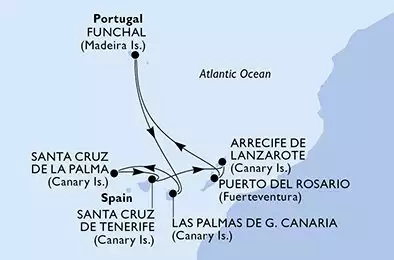 MSC MUSICA - trasa 7 nocy podróż z: Santa Cruz de Tenerife Spain w dniu 07/12/2025 - Santa Cruz de Tenerife,Arrecife de Lanzarote,Puerto del Rosario,Funchal,Las Palmas de G.Canaria,Santa Cruz de La Palma,Santa Cruz de Tenerife