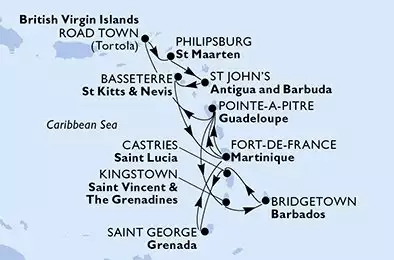 MSC VIRTUOSA - trasa 14 nocy podróż z: Fort de France Martinique w dniu 06/12/2025 - Fort de France,Pointe-a-Pitre,Kingstown,Bridgetown,Castries,Saint George,Fort de France,Pointe-a-Pitre,Road Town,Philipsburg,St John s,Basseterre,Fort de France
