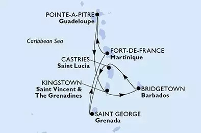 MSC VIRTUOSA - trasa 7 nocy podróż z: Pointe-a-Pitre Guadeloupe w dniu 07/12/2025 - Pointe-a-Pitre,Kingstown,Bridgetown,Castries,Saint George,Fort de France,Pointe-a-Pitre