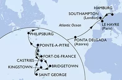 MSC VIRTUOSA - trasa 23 nocy podróż z: Fort de France Martinique w dniu 28/03/2026 - Fort de France,Pointe-a-Pitre,Castries,Bridgetown,Kingstown,Saint George,Fort de France,Pointe-a-Pitre,Philipsburg,Ponta Delgada,Hamburg,Le Havre,Southampton