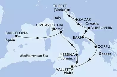 MSC FANTASIA - trasa 10 nocy podróż z: Trieste Italy w dniu 29/10/2025 - Trieste,Zadar,Dubrovnik,Bari,Corfu,Valletta,Messina,Civitavecchia,Barcelona