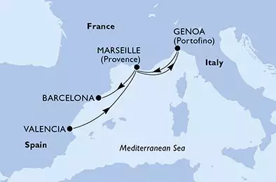 MSC GRANDIOSA - trasa 4 nocy podróż z: Valencia Spain w dniu 13/11/2025 - Valencia,Marseille,Genoa,Marseille,Barcelona
