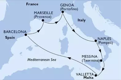 MSC WORLD EUROPA - trasa 7 nocy podróż z: Naples Italy w dniu 29/06/2026 - Naples,Messina,Valletta,Barcelona,Marseille,Genoa,Naples