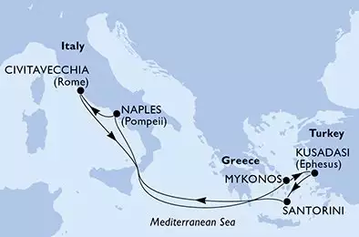MSC DIVINA - trasa 7 nocy podróż z: Civitavecchia Italy w dniu 19/06/2026 - Civitavecchia,Mykonos,Kusadasi,Santorini,Naples,Civitavecchia