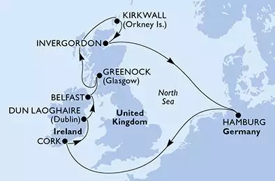 MSC PREZIOSA - trasa 10 nocy podróż z: HamburgGermany w dniu 10/05/2026 - Hamburg,Cork,Dun Laoghaire,Belfast,Greenock,Kirkwall,Invergordon,Hamburg
