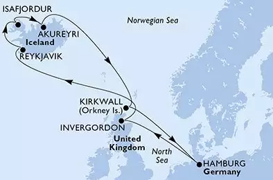 MSC PREZIOSA - trasa 11 nocy podróż z: HamburgGermany w dniu 06/07/2026 - Hamburg,Invergordon,Reykjavik,Isafjordur,Akureyri,Kirkwall,Hamburg