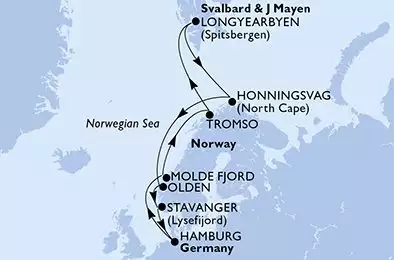 MSC PREZIOSA - trasa 14 nocy podróż z: HamburgGermany w dniu 22/06/2026 - Hamburg,Molde Fjord,Tromso,Longyearbyen,Honningsvag,Olden,Stavanger,Hamburg
