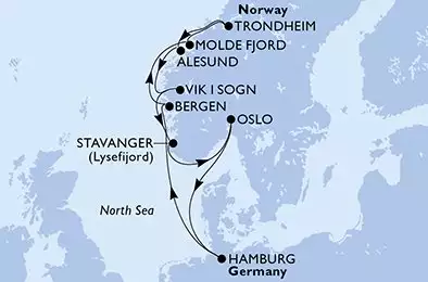 MSC PREZIOSA - trasa 11 nocy podróż z: HamburgGermany w dniu 13/09/2026 - Hamburg,Bergen,Molde Fjord,Trondheim,Alesund,Vik i Sogn,Stavanger,Oslo,Hamburg