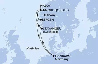 MSC PREZIOSA - trasa 7 nocy podróż z: HamburgGermany w dniu 04/10/2026 - Hamburg,Stavanger,Maloy,Nordfjordeid,Bergen,Hamburg