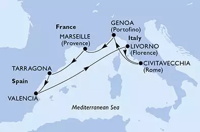 MSC SPLENDIDA - trasa 7 nocy podróż z: Tarragona Spain w dniu 23/05/2025 - Tarragona,Valencia,Livorno,Civitavecchia,Genoa,Marseille,Tarragona