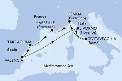 MSC SPLENDIDA - trasa 7 nocy podróż z: Marseille France w dniu 14/08/2025 - Marseille,Tarragona,Valencia,Livorno,Civitavecchia,Genoa,Marseille