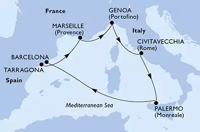 MSC SPLENDIDA - trasa 6 nocy podróż z: Tarragona Spain w dniu 14/04/2025 - Tarragona,Marseille,Genoa,Civitavecchia,Palermo,Barcelona