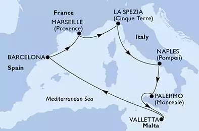 MSC MAGNIFICA - trasa 7 nocy podróż z: Barcelona Spain w dniu 10/05/2025 - Spain,France,Italy,Malta