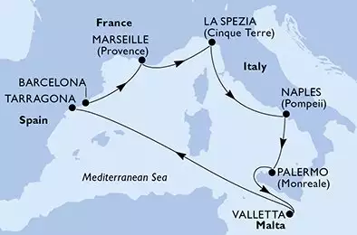 MSC MAGNIFICA - trasa 7 nocy podróż z: Barcelona Spain w dniu 13/09/2025 - Spain,France,Italy,Malta
